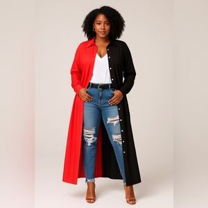 Small Black & Red Colorblock Button-Down Shirtdress – Long Sleeve Maxi/Duster